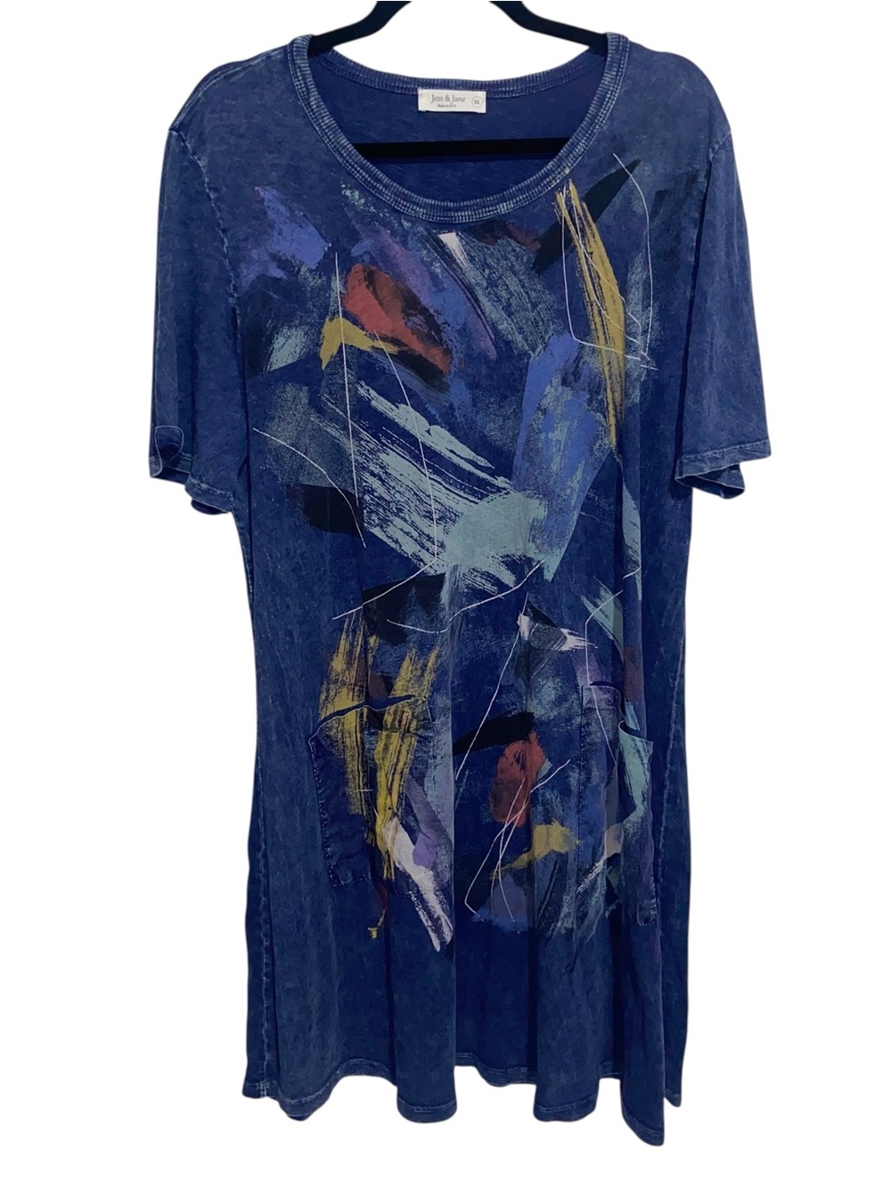 Jess and Jane Dress Womens XL T-shirt Dress Pockets Abstract Art USA  Lagenlook